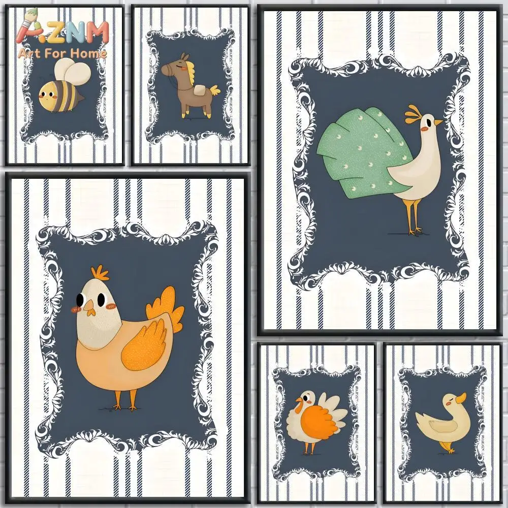 AZNM Cute Farm Animals Canvas Wall Art, Cartoon Chicken Duck Bee Unframed Posters for Nursery Kids Room Decor