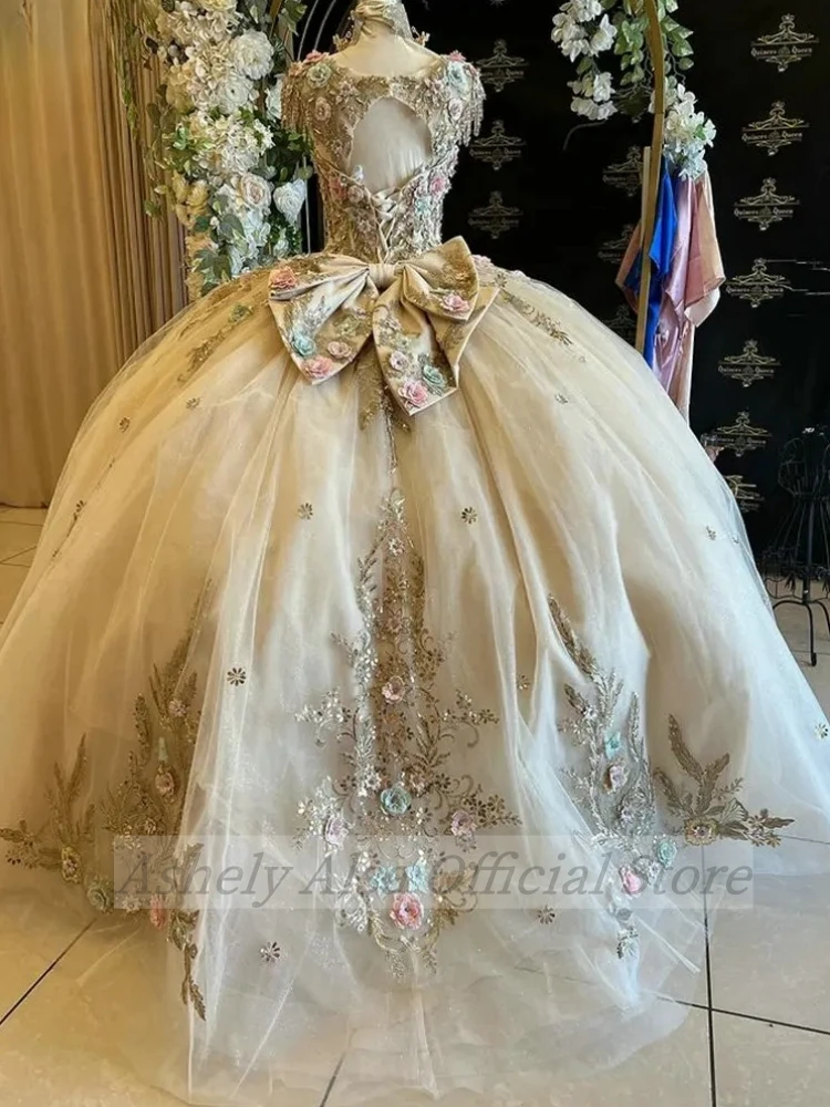 Vestidos Quinceanera com gola V para meninas, vestido com renda, vestido formal de baile, princesa árabe saudita, árabe, aplique de flores, 4ª festa, 15ª