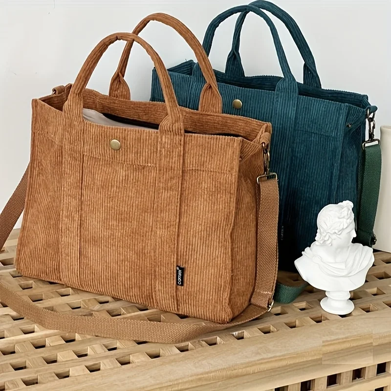 Vintage Corduroy Tote Bag for Women Handbag Shoulder Crossbody Bag with Zipper Closure Perfect for Fall Winter Commute Daily Use