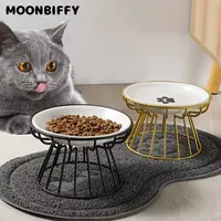 Ceramic Pet Bowl Cat Food Feeding Double Dish Stainless Steel Raised Stand Kitten Dog Water Feeder Durable Pet Accessories