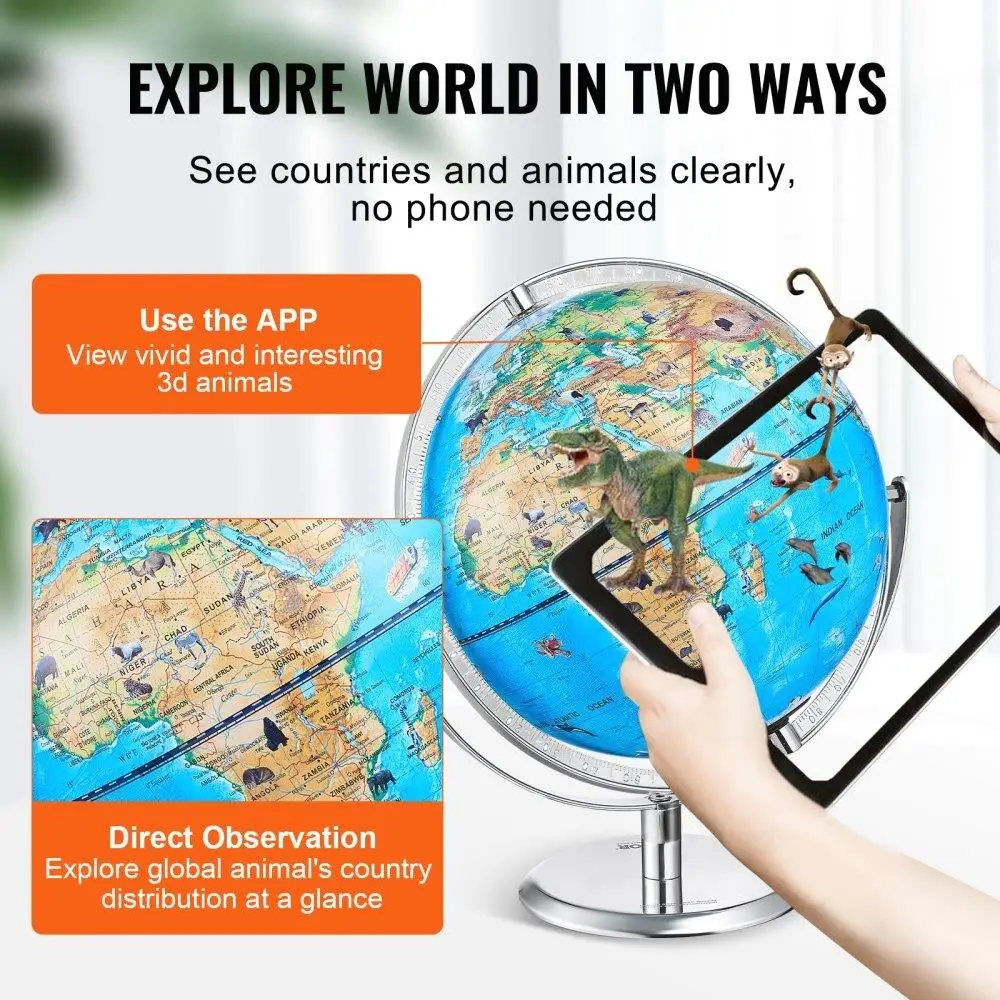 Interactive AR World Globe for kids 10 Inch Educational Globe with LED Night Light 720 Degree Rotation Compatible with Android