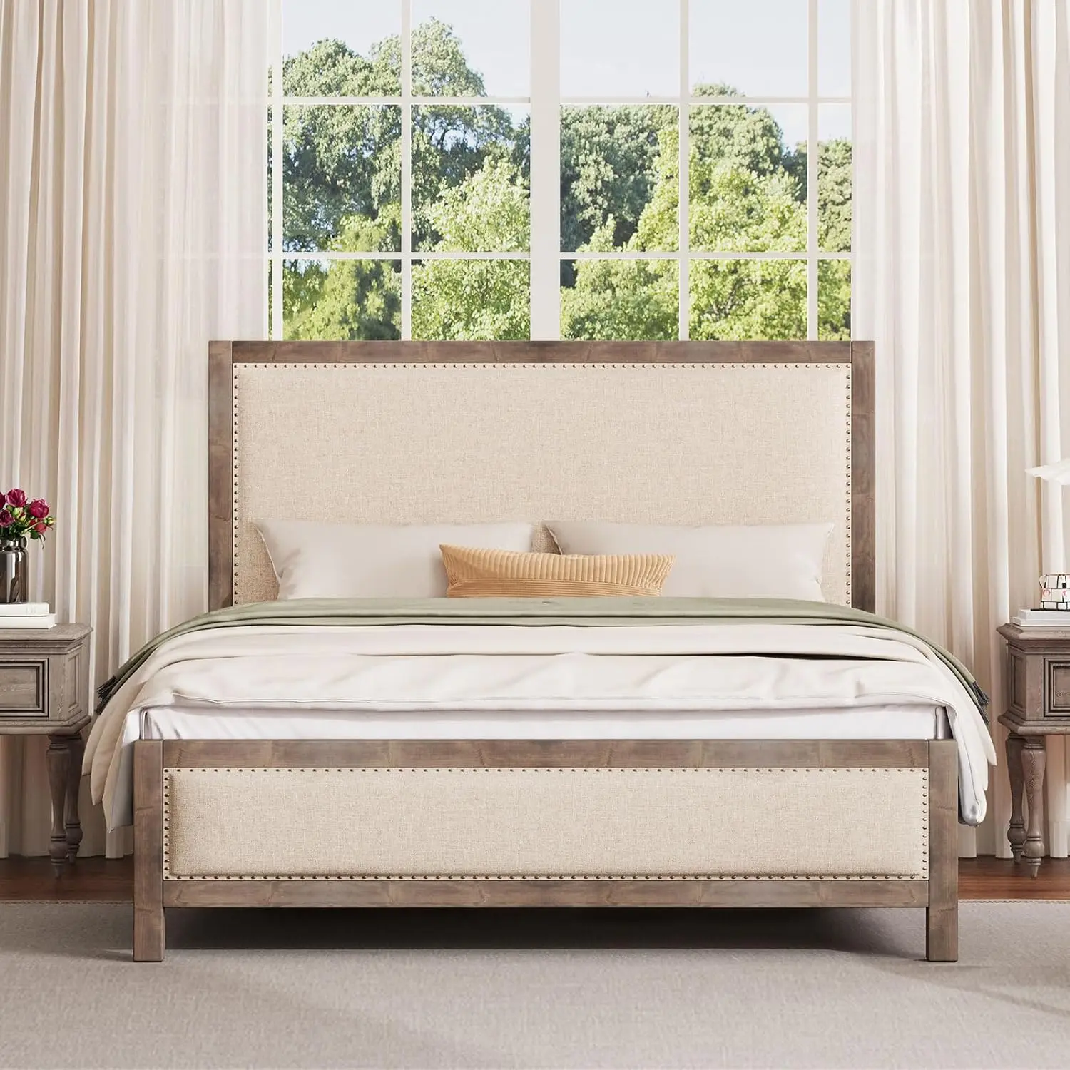 Full Size Solid Wood Bed Frame, Upholstered Platform Bed With Tall Headboard & Footboard, Brass Nail Trim With Linen Fabric,