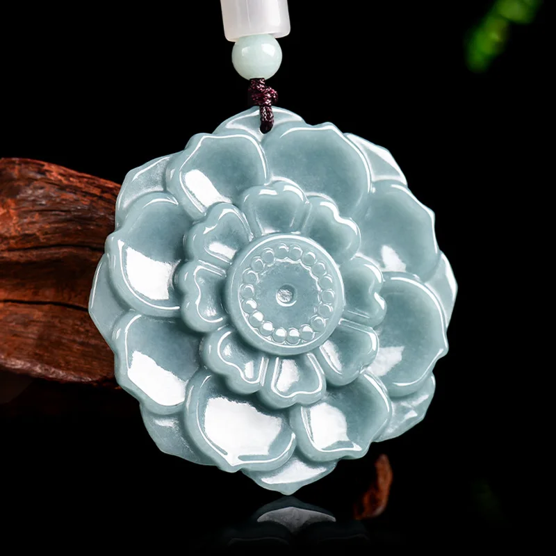 

Natural authentic high-end A-grade old jadeite blue water lotus flower pendant ice seed jade flower piece women's Sihui jewelry