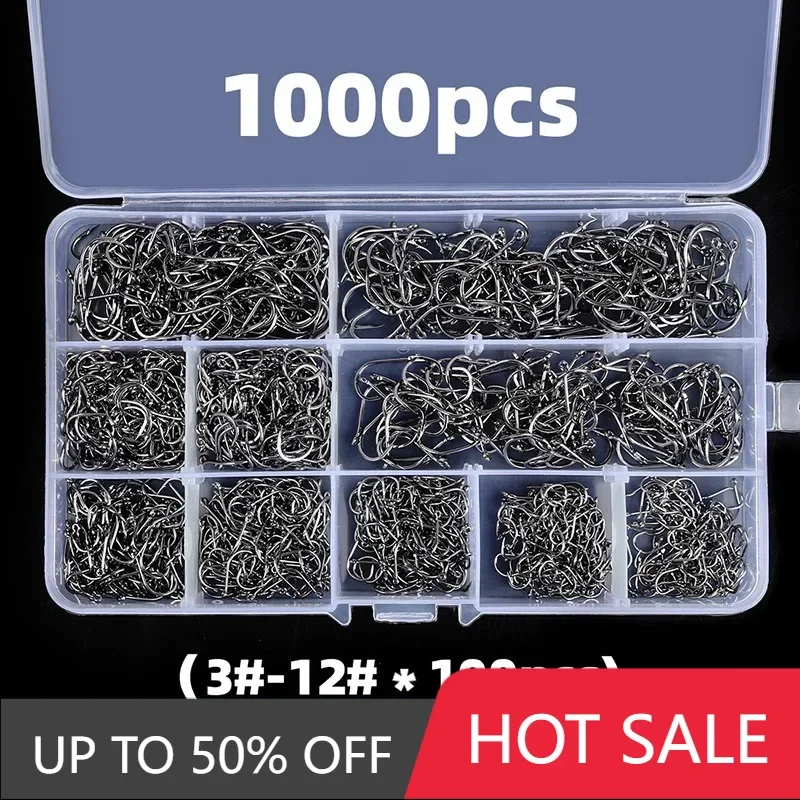 

100-1000Pcs Fishing Hooks Set High Carbon Steel Barbed FishHooks for Saltwater Freshwater Fishing Gear Fishing Accessories Hooks