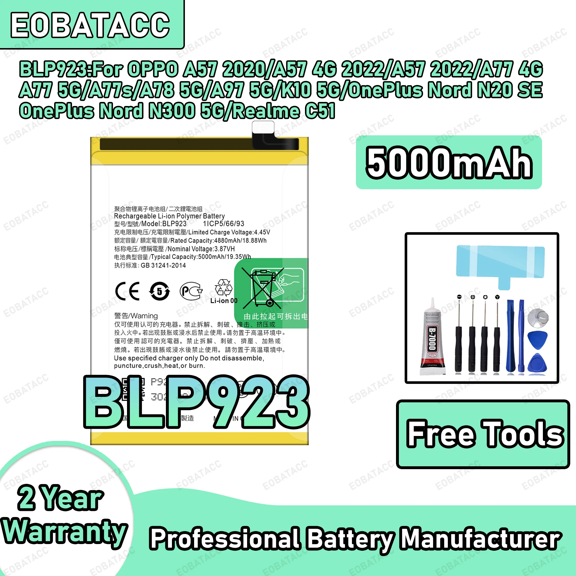 

5000mAh 100% New BLP923 Battery For OPPO A57 2020/A57 4G 2022/A57 2022/A77 4G Replacement Bateria+Free Tools