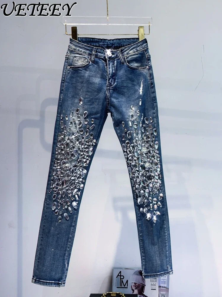 European Goods New Fashion Handmade Sewing Diamond Denim Pants Shiny Sexy Slimming Stretch Slim Fit Skinny Jeans