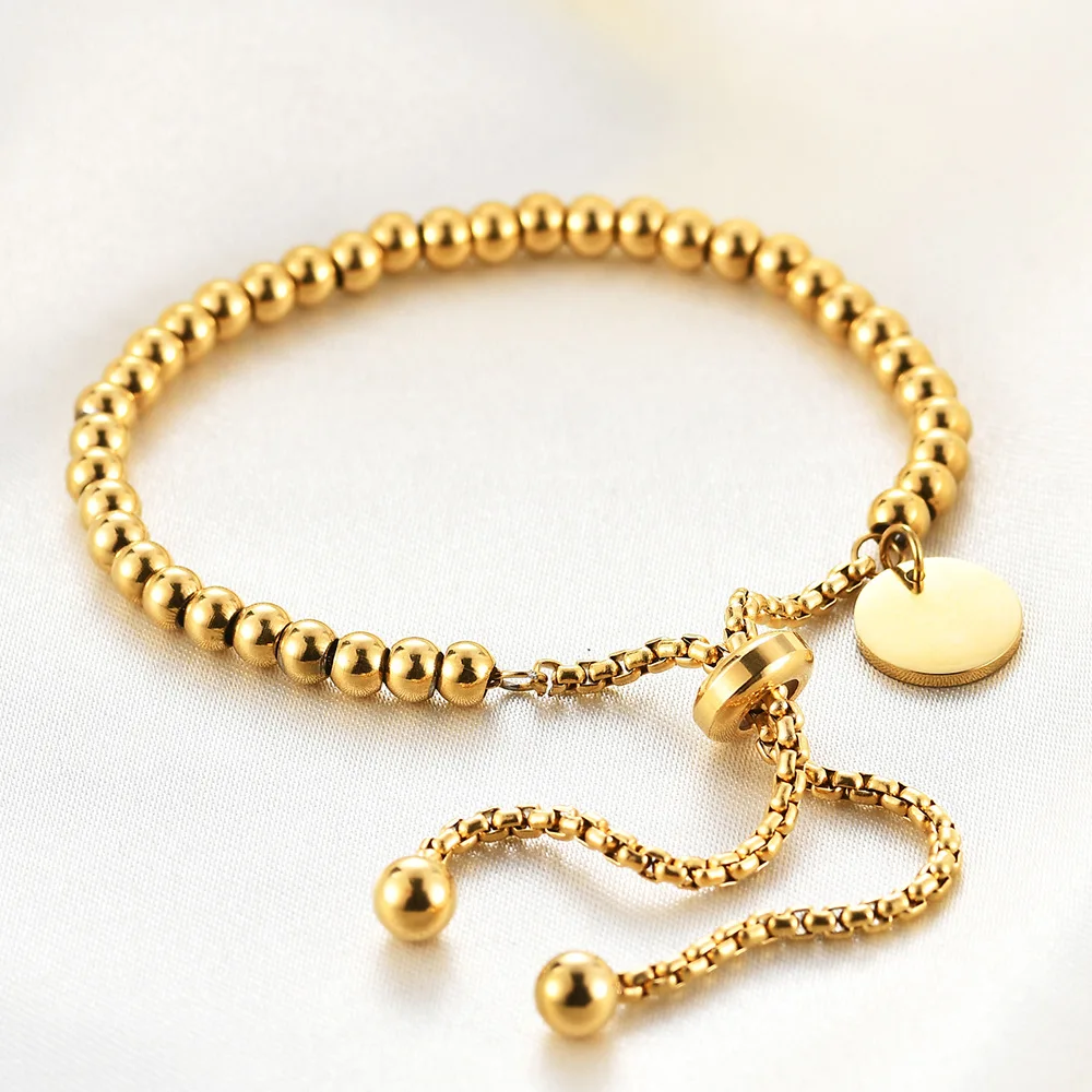 Stainless Steel Gold Color Round Brand Beads Bracelet For Women Female Retro Cute Simple Pulseras Mujer Jewelry Accessories