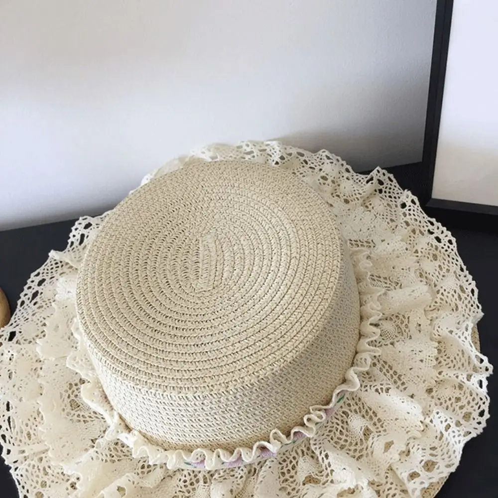 

Fashion Large Brim Girls Straw Hat Sun Protection with Lace Trim Bucket Caps Summer Outdoors Sun Hat for 3-6 Years