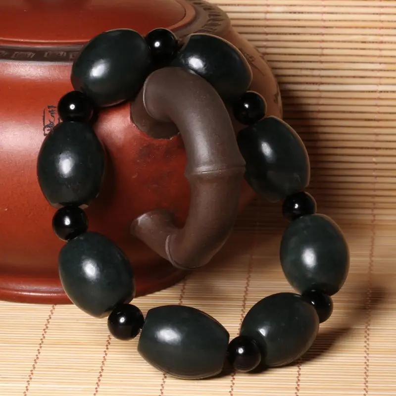 Hetian Gray Jade Barrel Beads as Right as Rain Elastic Men's Chain Single Ring Tower Bluish Black