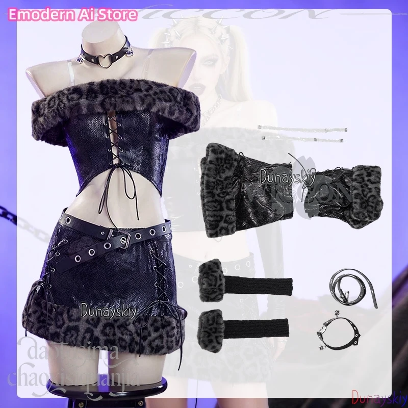 Anime Christmas Halloween Party Original Design 코스프레 의상 Jirai Kei Girls Gyaru ギャル Leopard Print Cropped Top Mini Dress Goth Cos