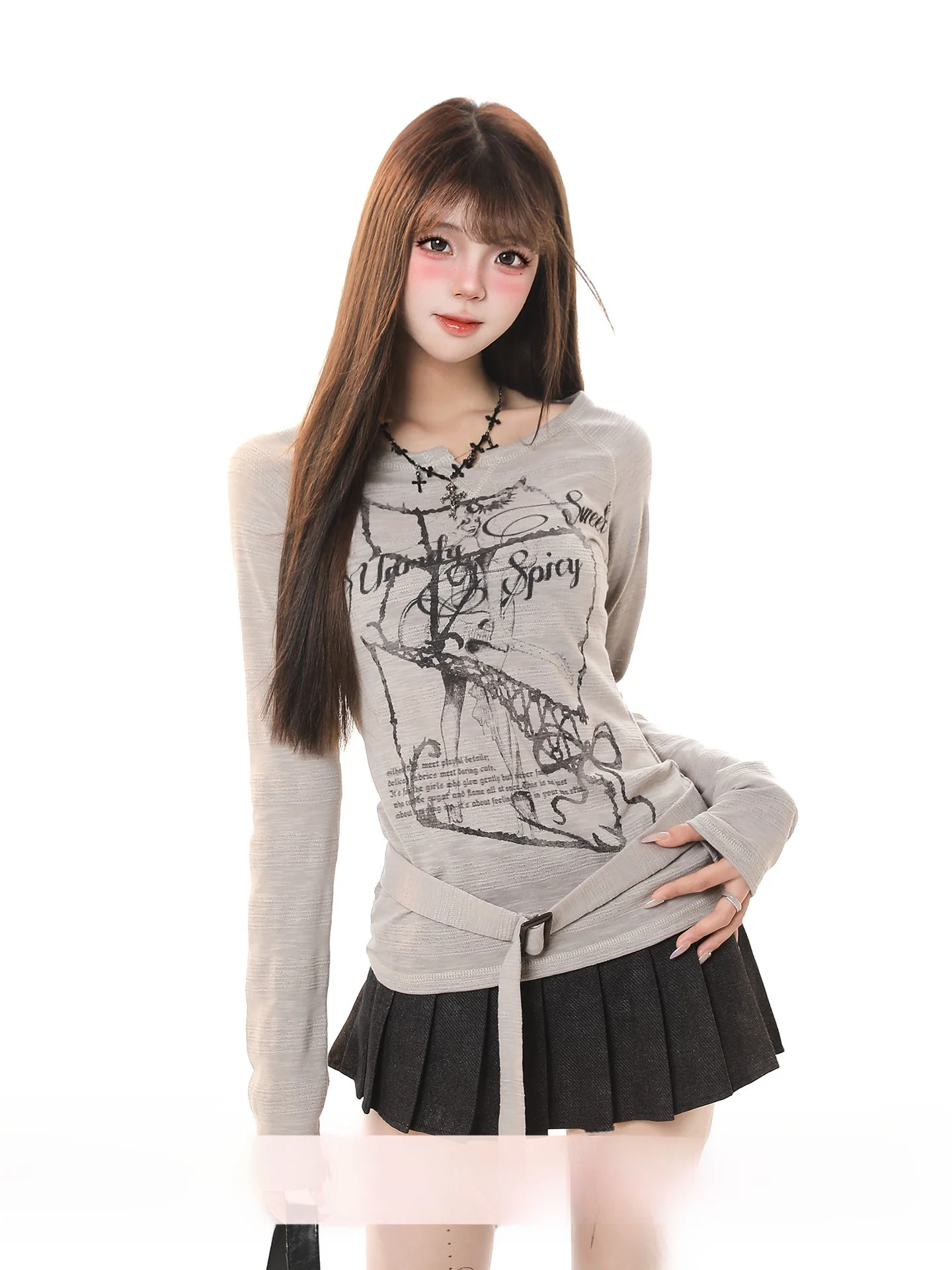 

Женская футболка с длинным рукавом и принтом в американском стиле, весенняя, с эффектом утяжки талии, облегающий топ с круглым вырезом, повседневная одежда