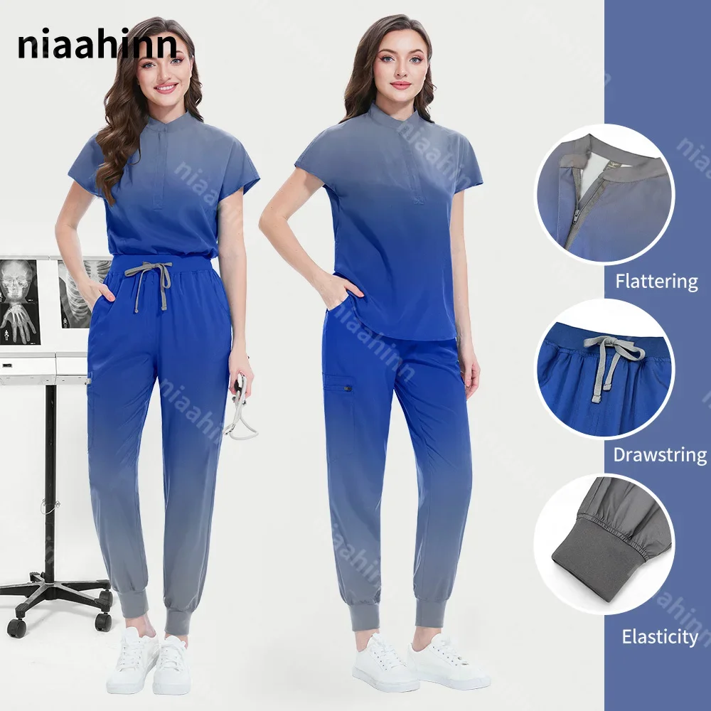 Gradiëntkleur Chirurgie Tops & Broek Jogger Set Tandheelkunde Verpleegkundige Werkkleding Arts Uniformen Chirurgische Set Vrouwen Dierenarts Werkkleding