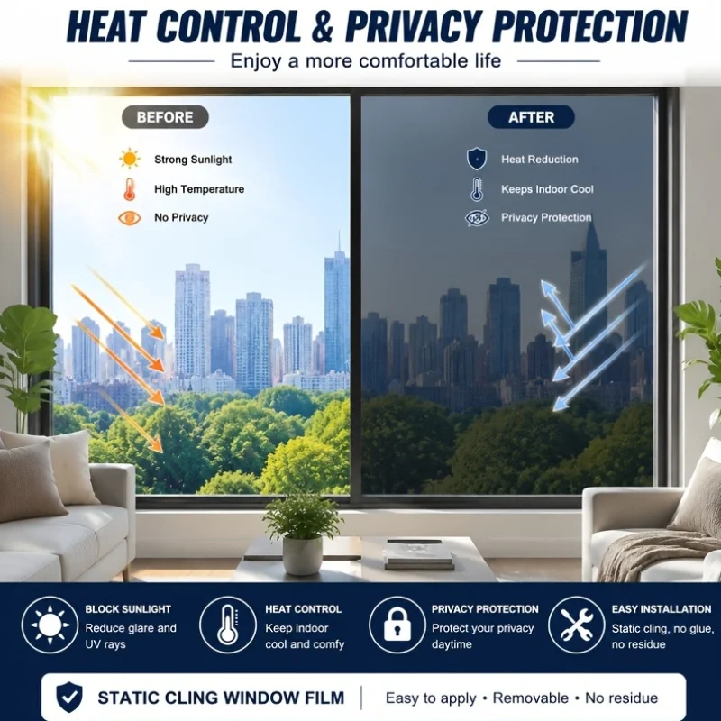 Window Privacy Film One Way Mirror Vision Sun Protection Heat Insulation Film Blackout Glass Sticker Self Adhesive Window Tint