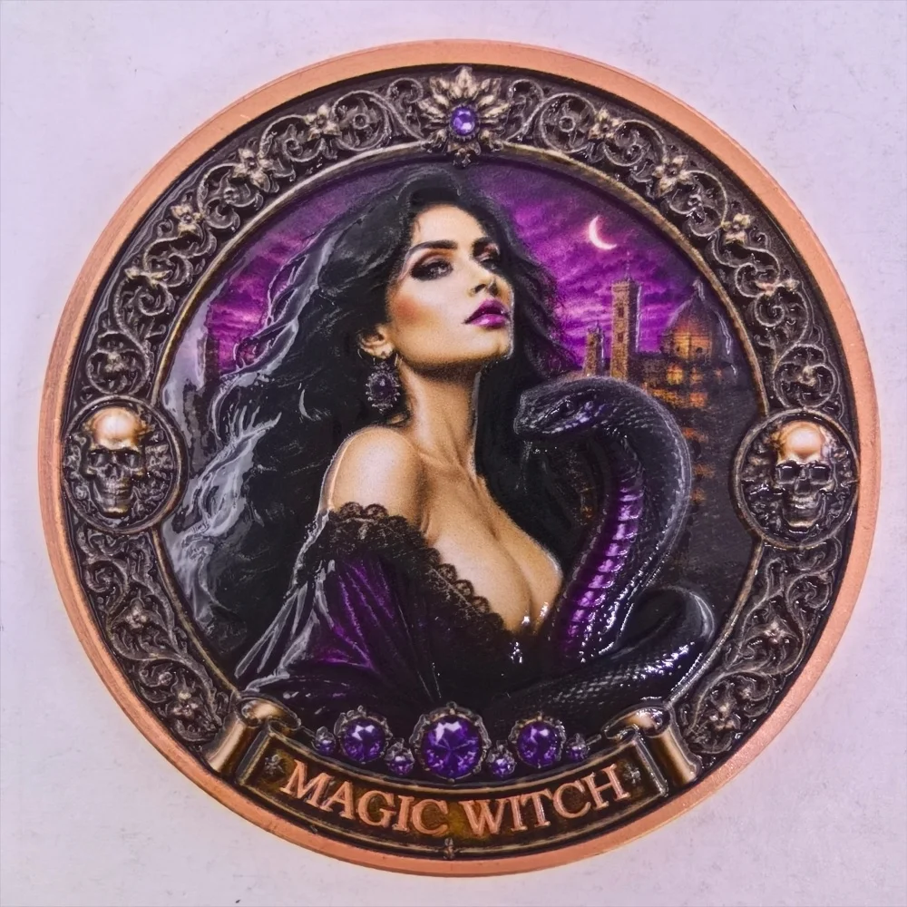 5oz .999 Fine Copper Round Magic Witch Snake Skull Moon Castle Potion Gothic Ornate Purple Fantasy Colorized Art Desk Gift
