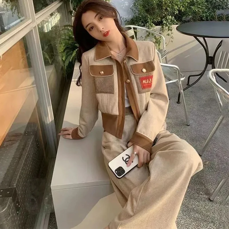 Woolen Patchwork Casual Women Spring Fall Two Piece Sets Lapel Single Breasted Coats Outfit High Waist Baggy Wide Leg Pants Suit