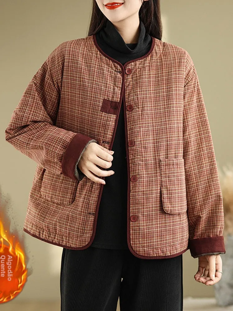 

Retro Plaid Lightweight down Cotton Jacket Women's Winter Fashion Personality Loose Casual Thickened Warm Cotton Coat