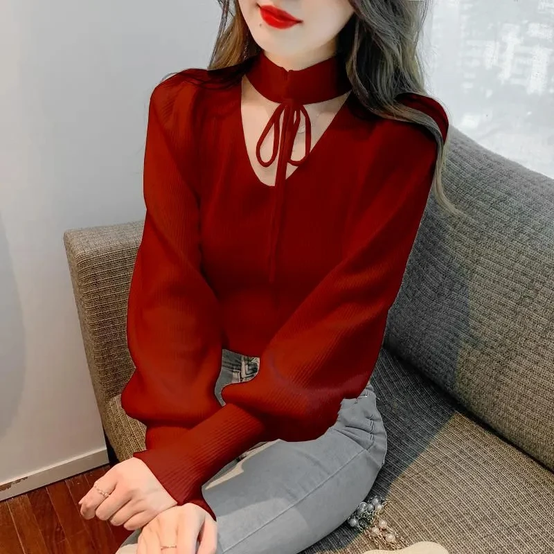 Fashion Multicolor Bishop Sleeve Women Spring 2024 New Hollow Knitting Western Style Long Sleeves Lacing V-neck Bottoming Shirt