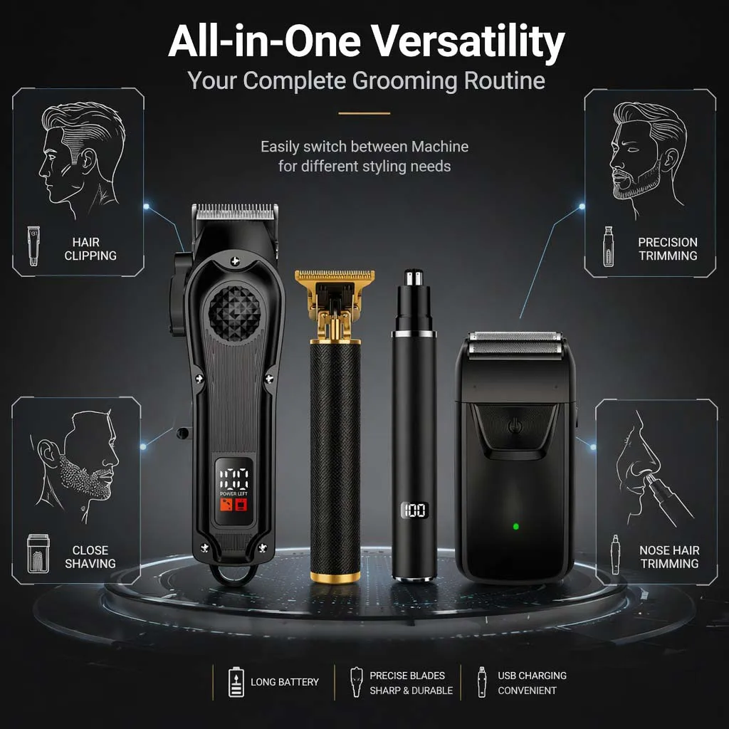 4-in-1 Men's Hair Clipper Set with LED Display, USB Rechargeable Beard & Nose Trimmer, Foil Shaver + 8 Combs for Home & Barber view 2