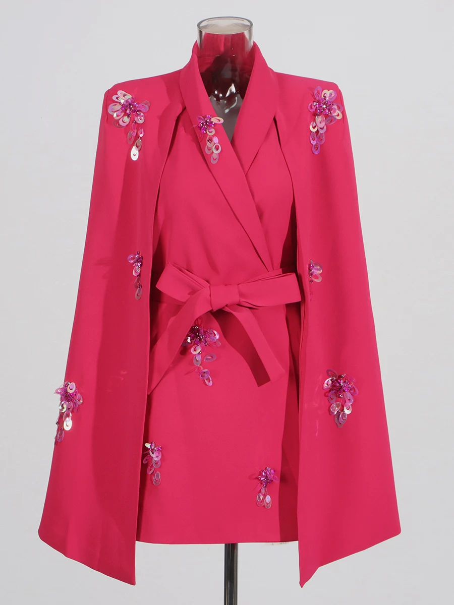 سترة شال أنيقة فضفاضة مرقعة من VGH للنساء بياقة مدببة بدون أكمام معاطف مزاجية بأربطة معاطف نسائية عصرية جديدة #3