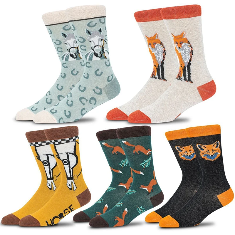 Mens Dress Socks - Fun Colorful Socks for Men - Cotton Fox Patterned Fashion Men Crew Socks