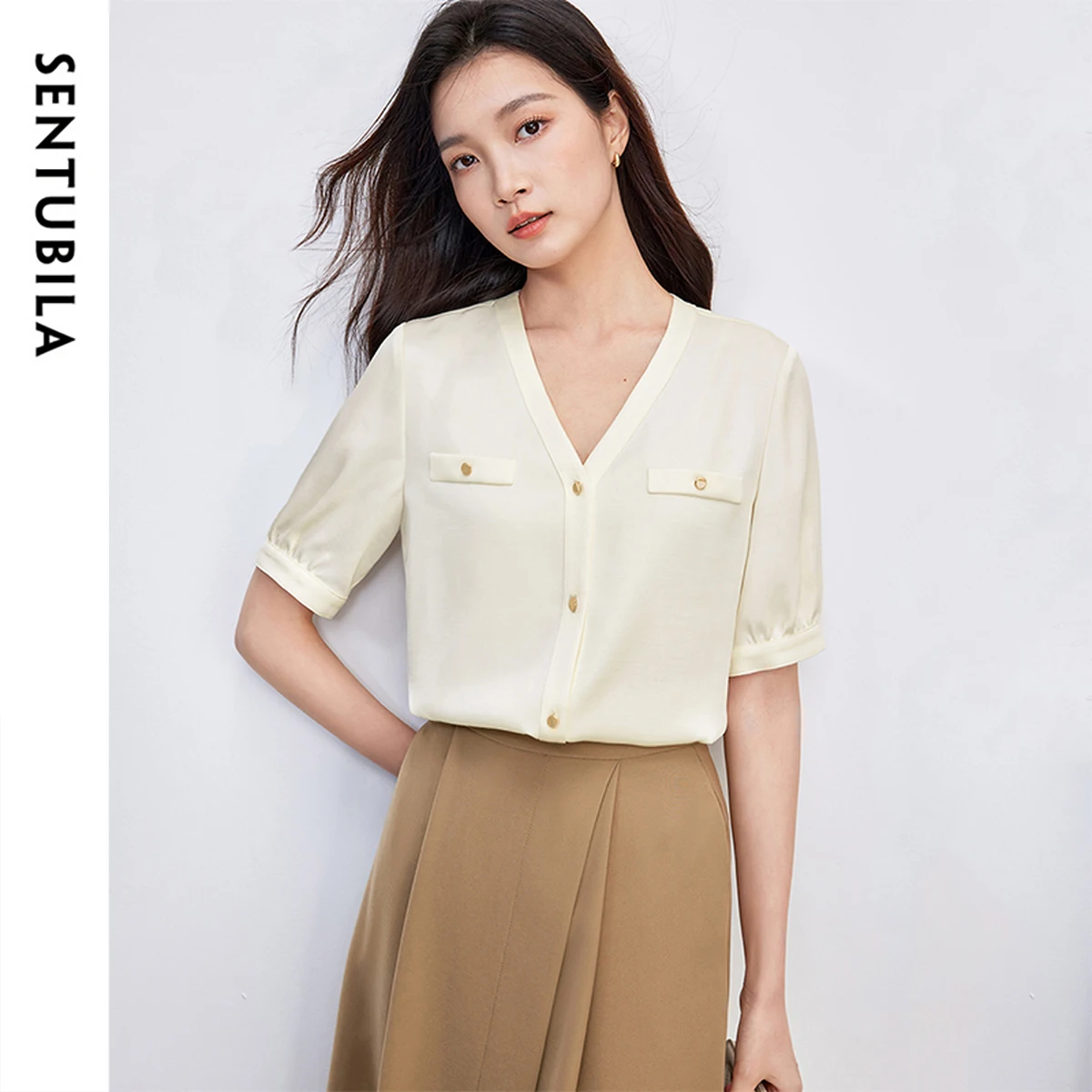 SENTUBILA Soft Chiffon Blouse for Woman 2025 Summer V Neck Puff Sleeve Chic Single Breasted Shirt Lady Women Clothes 152V80007
