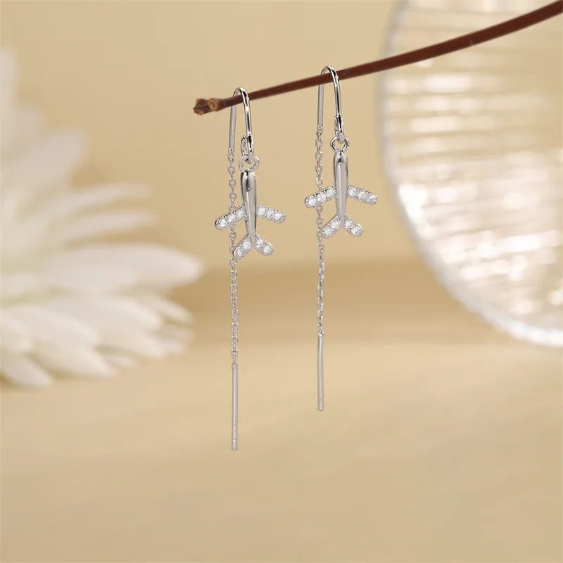 925 Silver Plated Crystal Airplane Stud Earrings for Woman Summer Beach Party Holiday Jewelry Gifts eh426