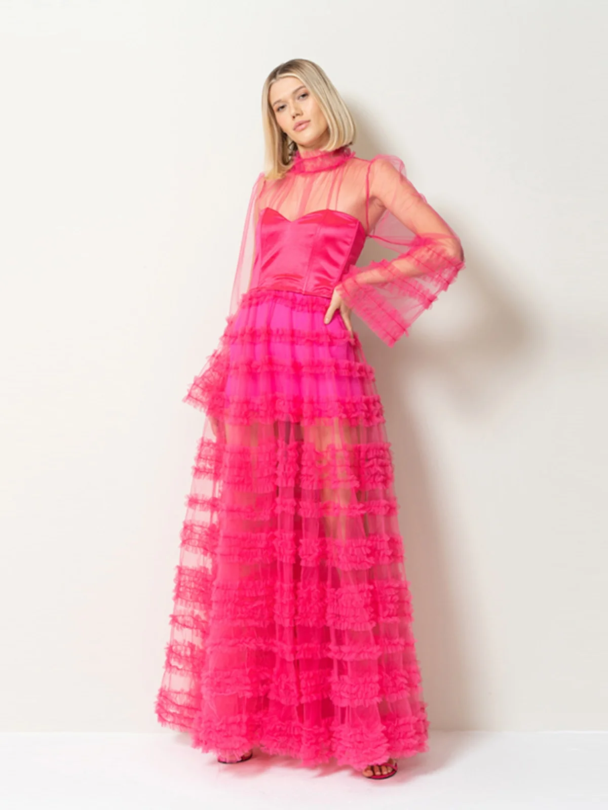 

Элегантное американское сексуальное платье-кейк с длинными рукавами, украшенное, с прозрачными вставками, складками, без бретелек, с воротником-стойкой