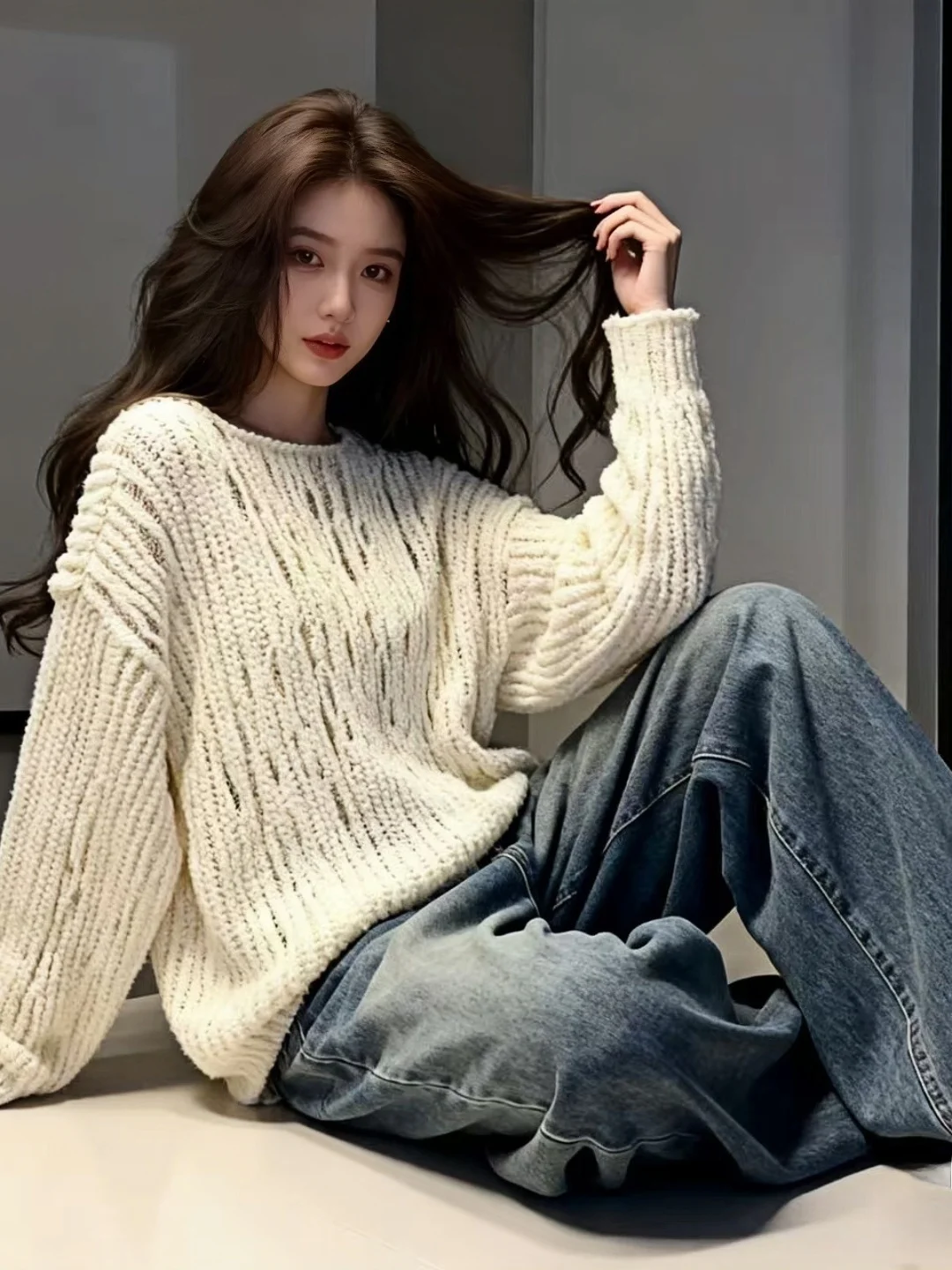 

Loose Thiened Knitted Sweater Women's Lazy Sle Hollow Texture Slimming Versatile Overhead irt Autumn Winter Faion