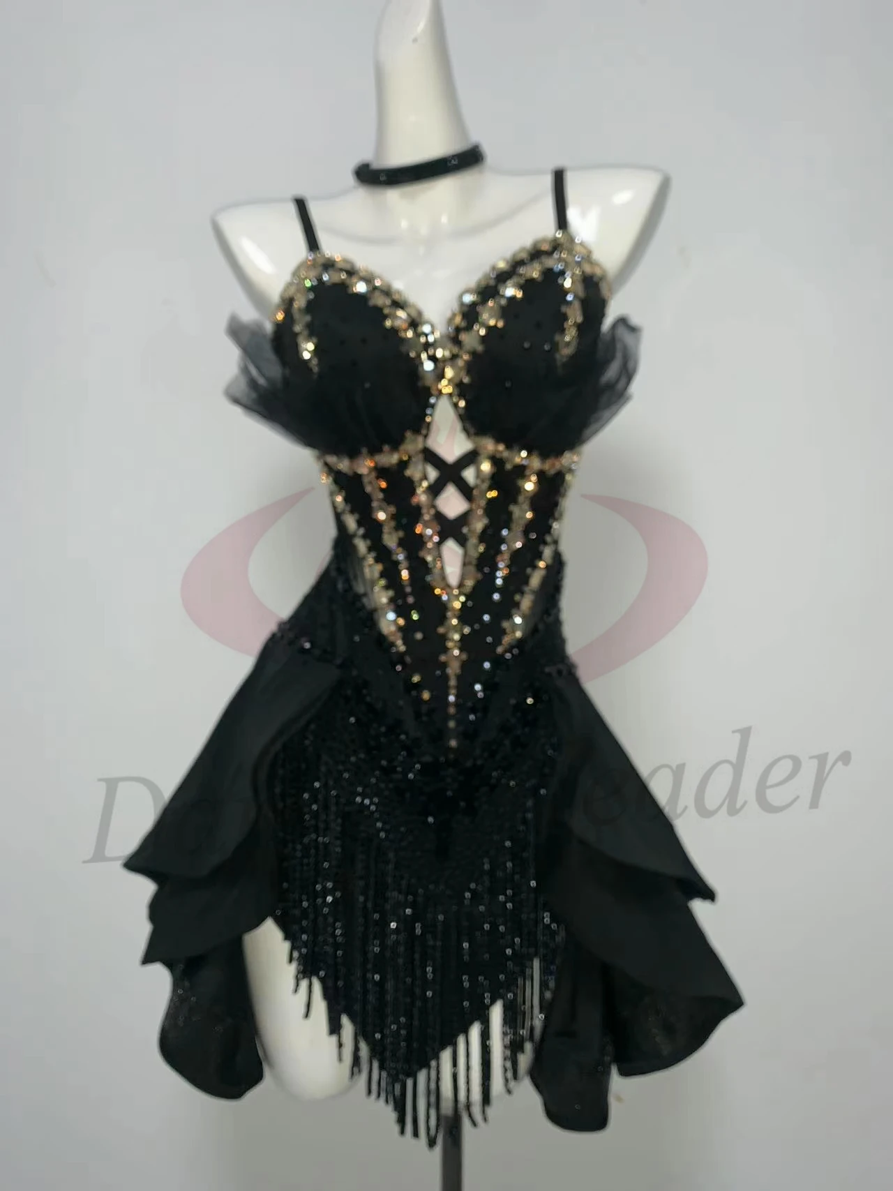 Latin Dance Costume Rhinestone Women's High-end Custom Hollow Black Mesh Suspender Samba Performance High Flash Dress
