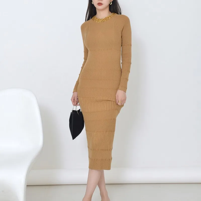 

Banquet dress knitted dress 2024 Spring/fall women's new fashion designer heavy industry nailed bead elastic buttock dress