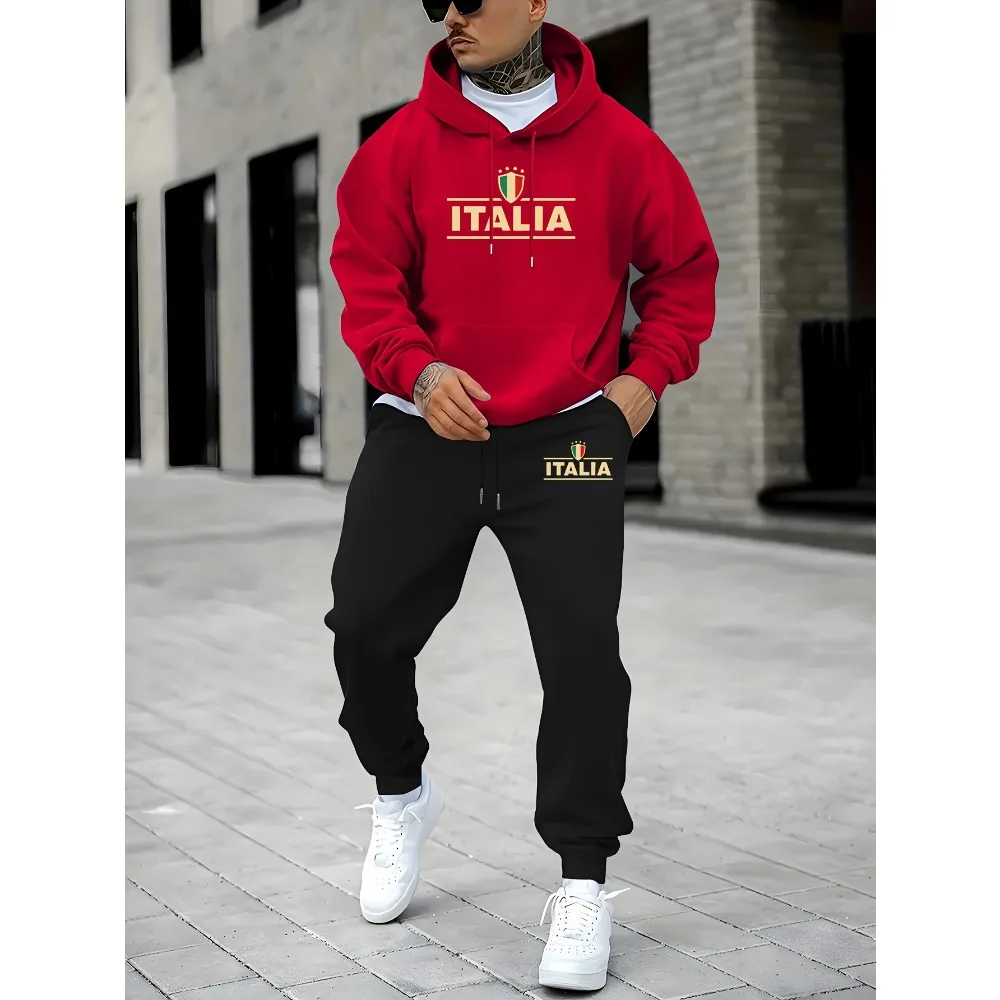 1 Set Men'S Casual Sports Hoodie and Sweatpants, Print Knit Fabric Spring/Fall Collection Pockets Workout Cloth for Male