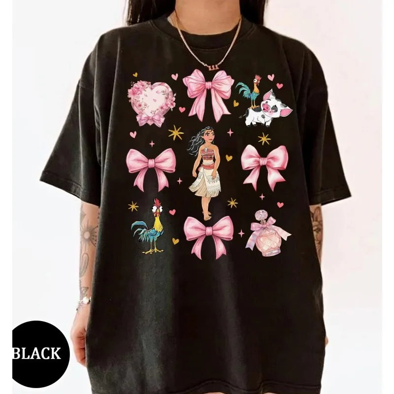 

Женская футболка Disney Moana Black and Pua с розовым бантом, новая летняя повседневная модная мужская и женская уличная одежда