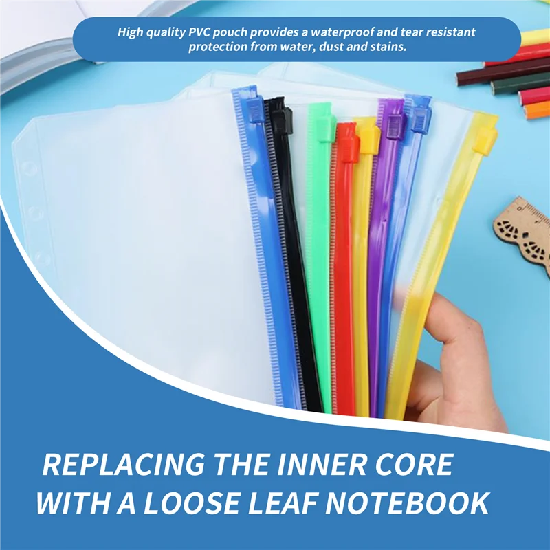 

12PCS Binder Pockets A5 Size 6 Holes Zipper Binder Pouch Folders For 6-Ring Notebook Binder Loose Leaf Bags