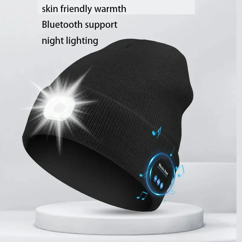 Night Running Cap Removable USB Light LED Phone Bluetooth Music Player Knitted Hat Headphone Built-in Speaker