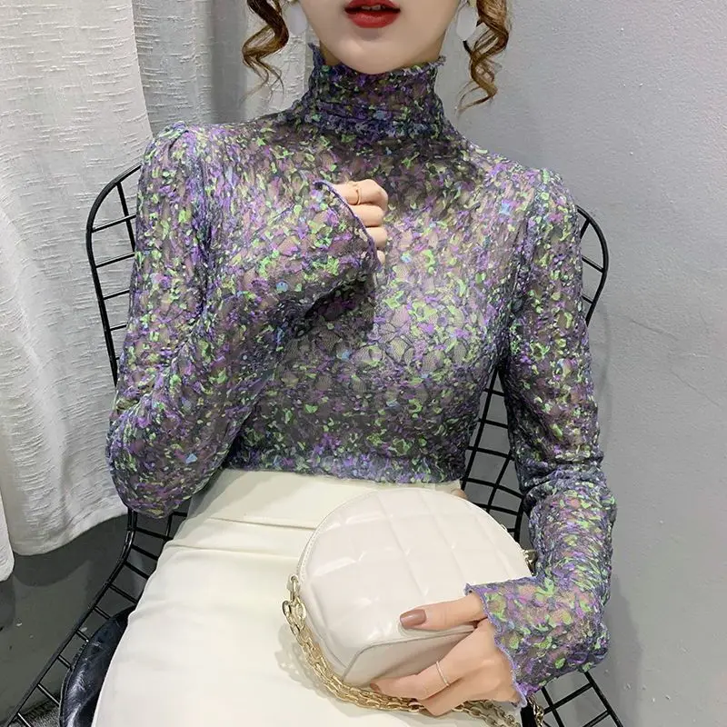 Women's Clothing Winter Thin Pullovers Long Sleeve Turtleneck Temperament Undercoat Fashion Printing Slim Casual Sweet T-Shirts