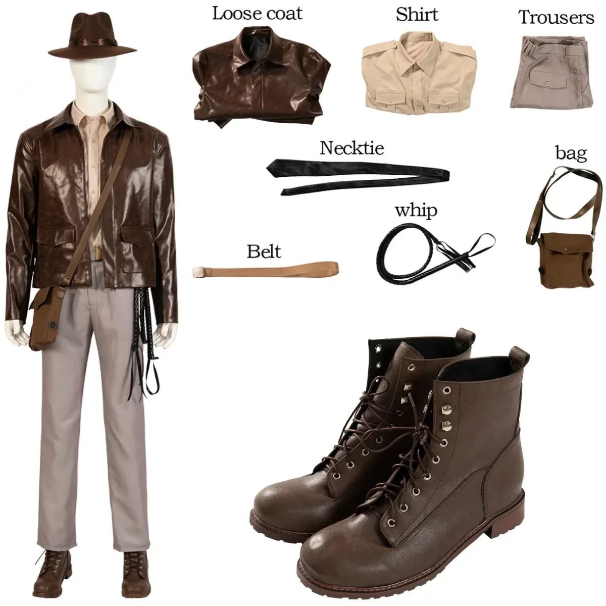 New Arrival Indiana Jones Cosplay Costume Faux Leather Jacket and Accessories Custom Size