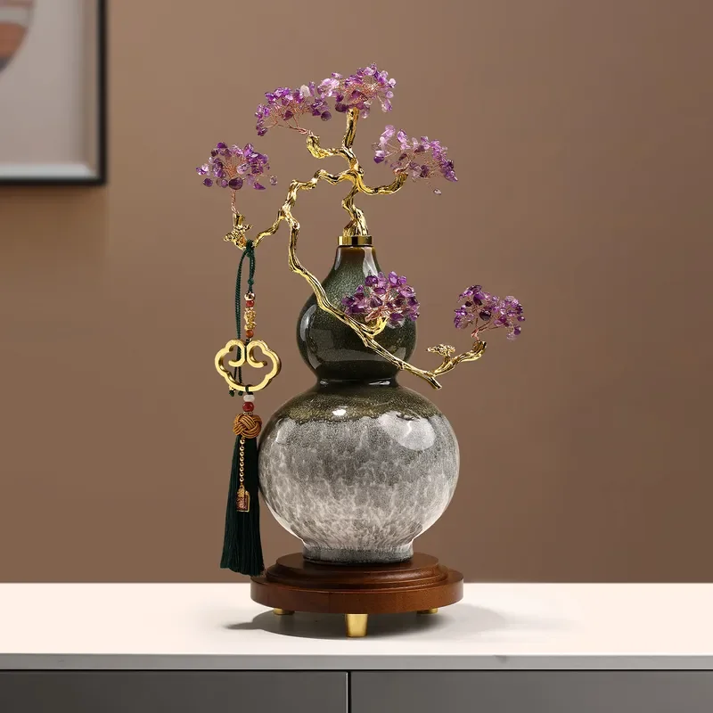 New Chinese Crystal Fortune Tree Ceramic Gourd Ornament High End Living Room Wine Cabinet Bogu Rack Decor