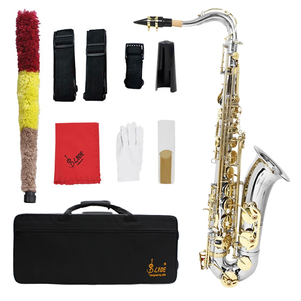 SLADE Bb Tenor Saxophone Brass Body Silver Golden Sax  Woodwind Instrument Saxofone with Case Reeds Gloves Parts & Accessories