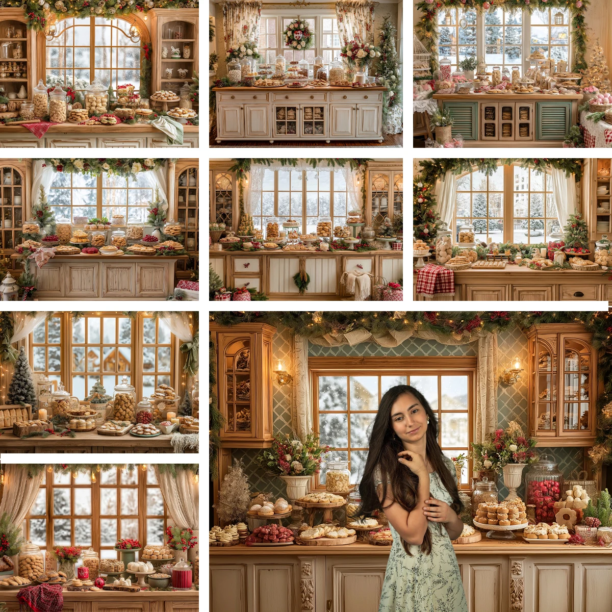 Dessert Table Backdrop - ฉากหลังโต๊ะขนมธีมคริสต์มาส อุปกรณ์ประกอบฉากถ่ายภาพเด็กทารก ผู้ใหญ่ เด็ก ของตกแต่งคริสต์มาส พื้นหลังสตูดิโอถ่ายภาพครัวคริสต์มาส