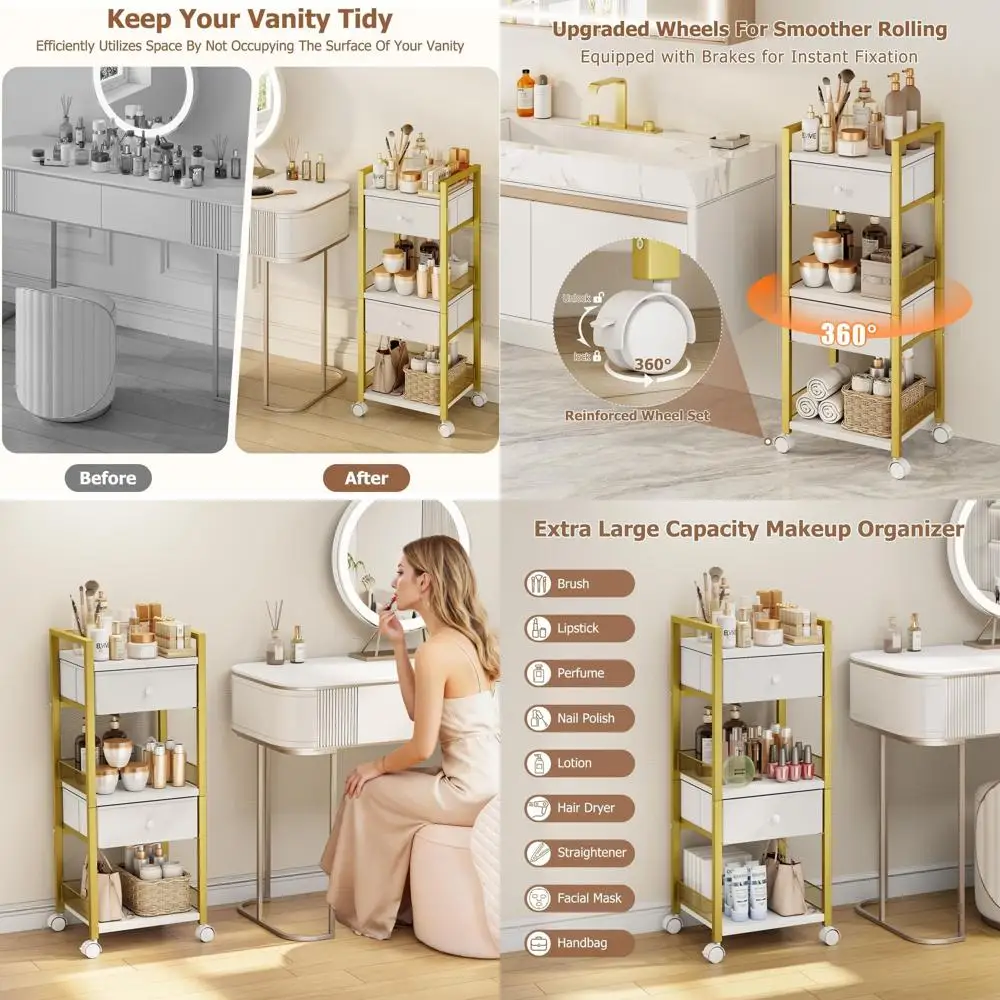 

5-Tier Rolling Makeup Cart, Deluxe Skincare Organizer, Vanity Storage with Wheels, Gold