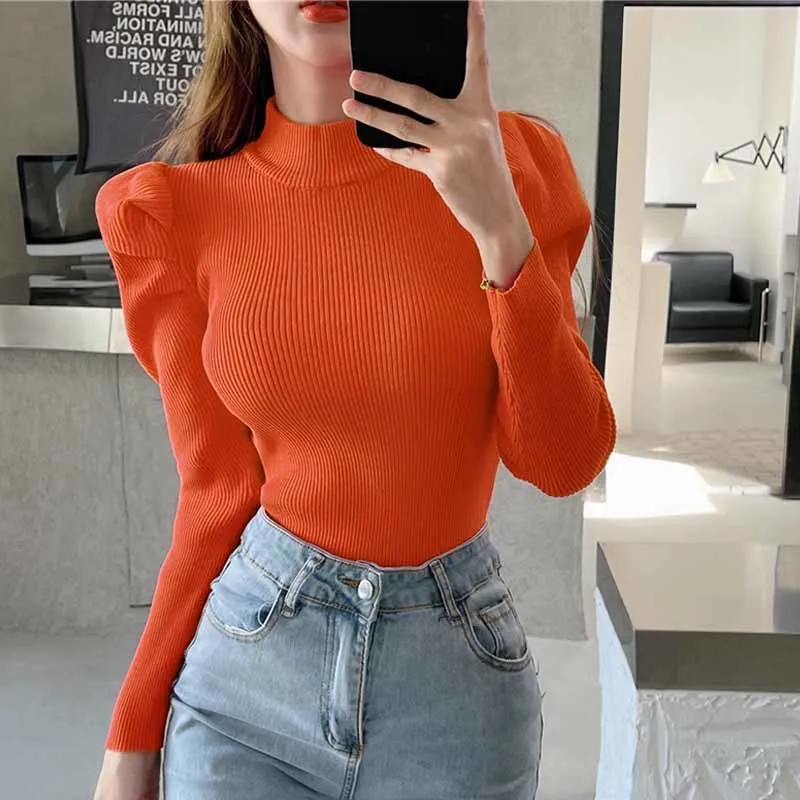 Vintage Puff Long Sleeve Turtleneck Knitted Sweater Pullovers Girls Solid Stretchy Streetwear Winter Thick Tops Jumpers Women