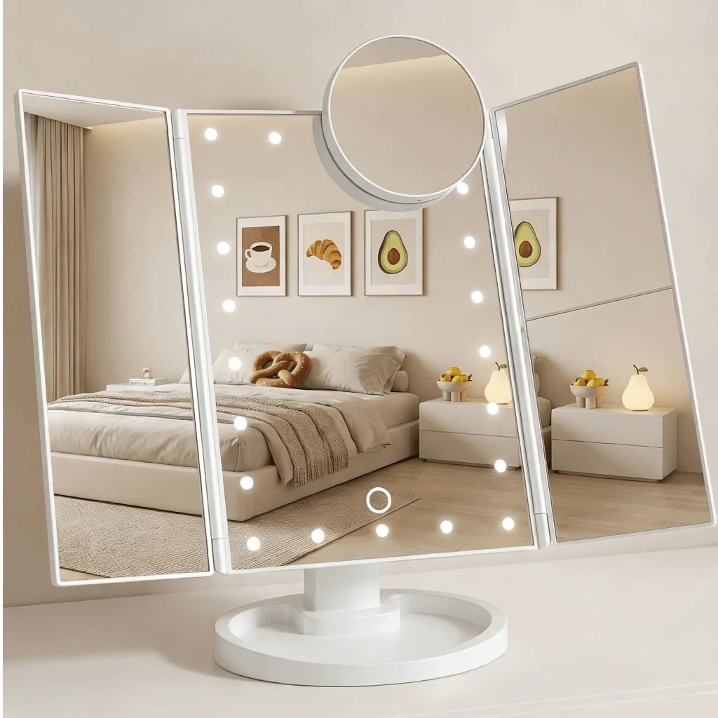 Tri-Fold Lighted Vanity Makeup Mirror with 21 LED Lights, Touch Screen 10X 3X 2X 1X Magnification, Dual Power Supply 360 Rotation Makeup Mirror, Rose Gold White, Valentine's Day Gift for Her