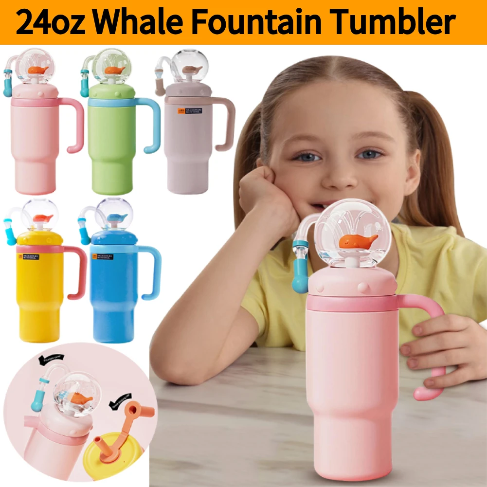 

24oz Stainless Steel Whale Fountain Tumbler with Handle Whale Water Cups Perfect for kids- Teens and Adults