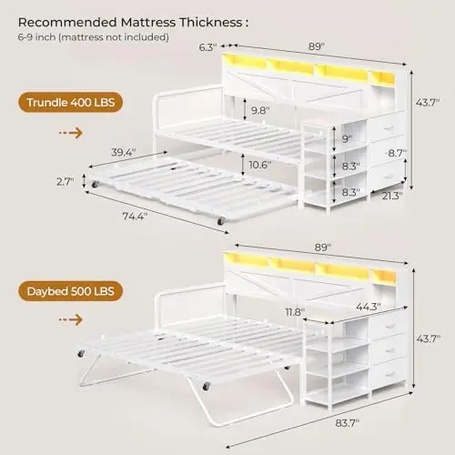 Daybed with Pop Up Trundle, Twin Day Bed with 3 Storage Drawers and Shelves, Farmhouse Wooden Twin to King Daybed Frame