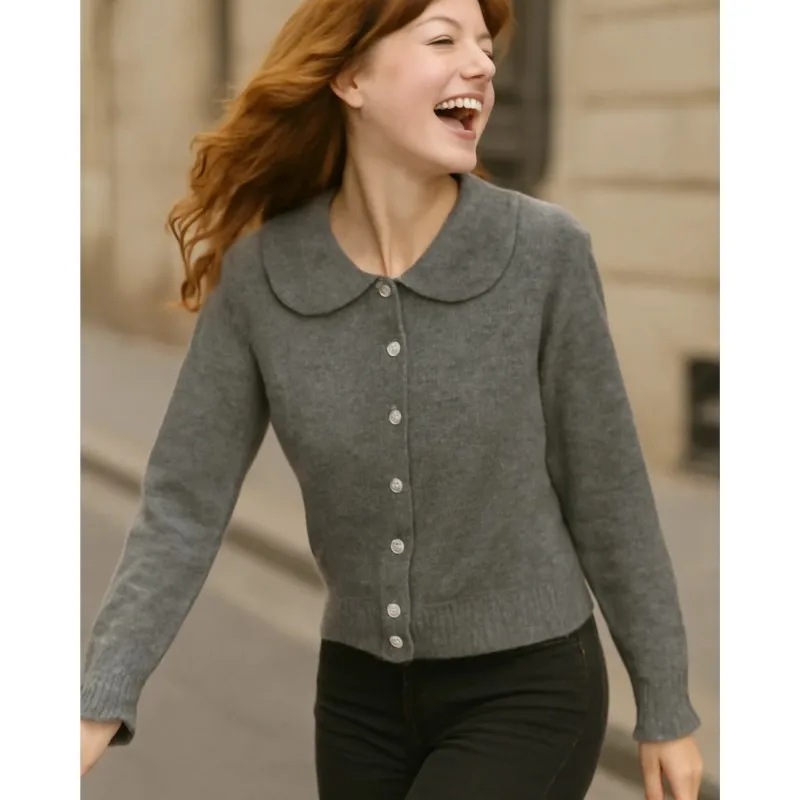 

Women's Stacked Decorative Knitted Sweater Autumn Casual Solid Color Long Sleeved Top Turn-down Collar Button Cardigan