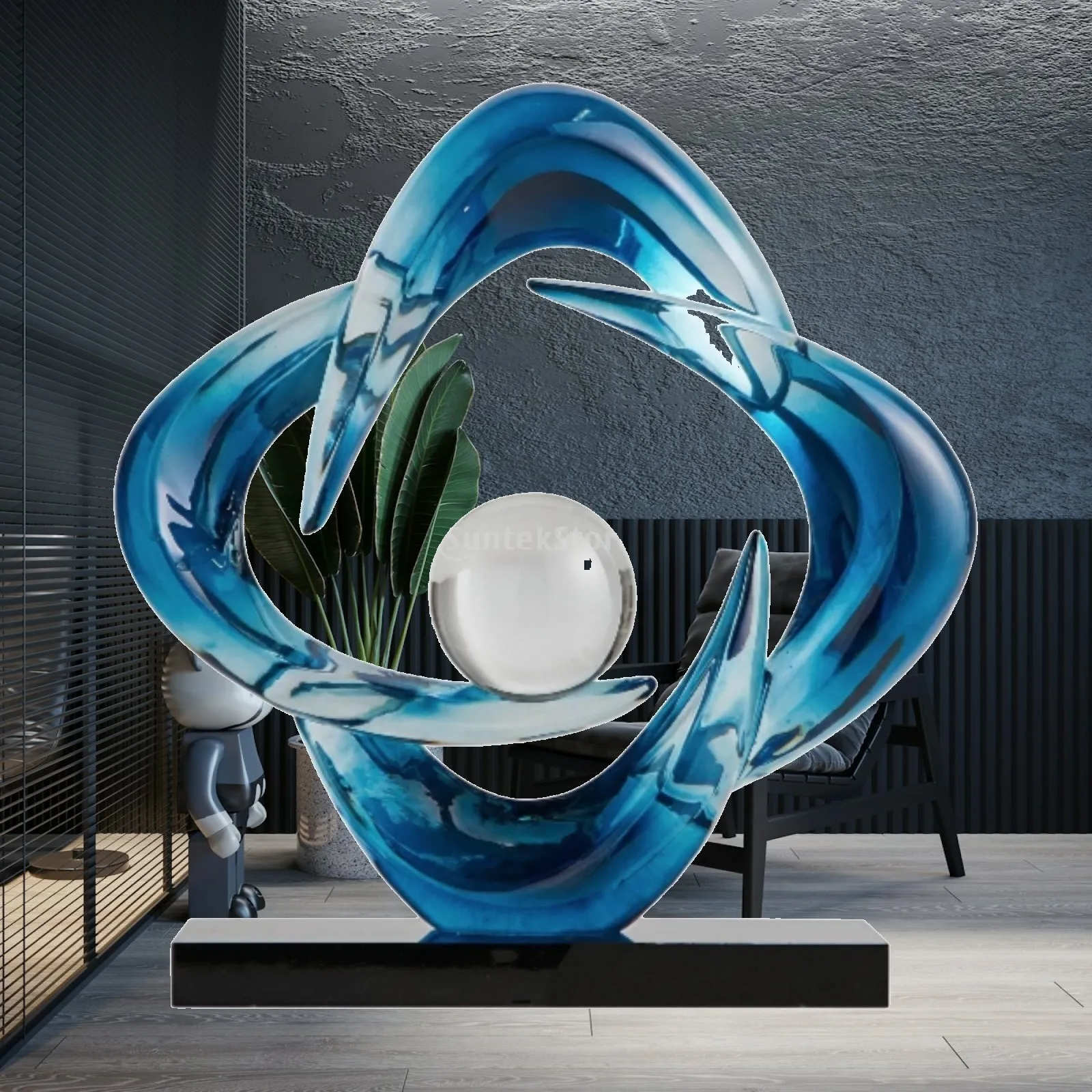 Stunning Tabletop Ornament Decorative Display Piece Transparent Sphere Center Dark Base Stand for Console Shelf Desk Home Office