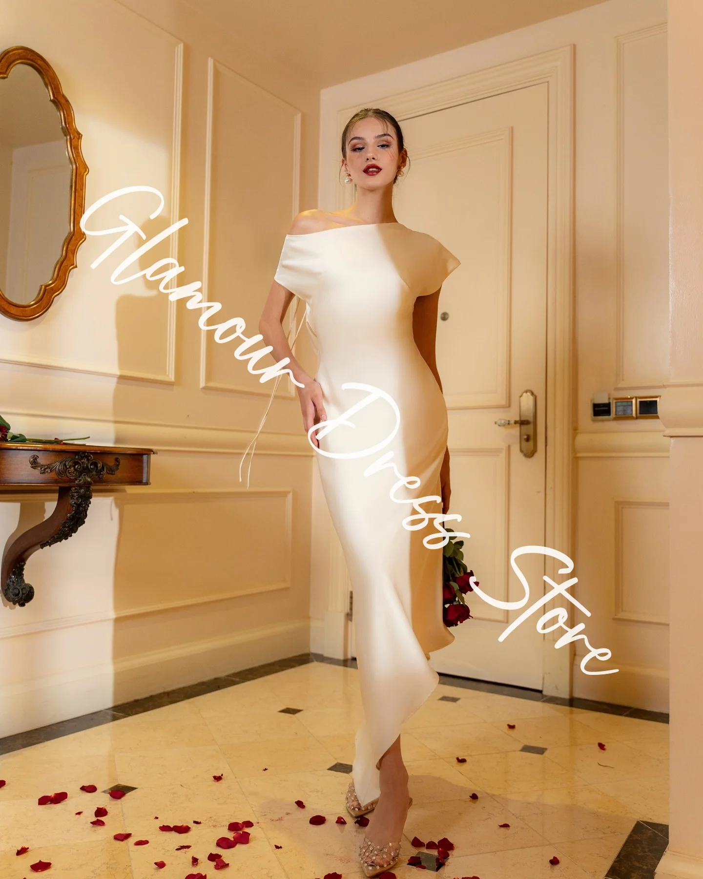 Customized Temperament Satin Straight One Shoulder Evening Dresses Short Sleeves Panel Train Backless Homecoming Dres