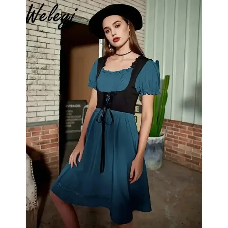 Victorian Pastoral Cosplay Wine Red Long Dress Women Retro Literary Square Neck Short Sleeve Dresses Ladies Vestidos De Mujer