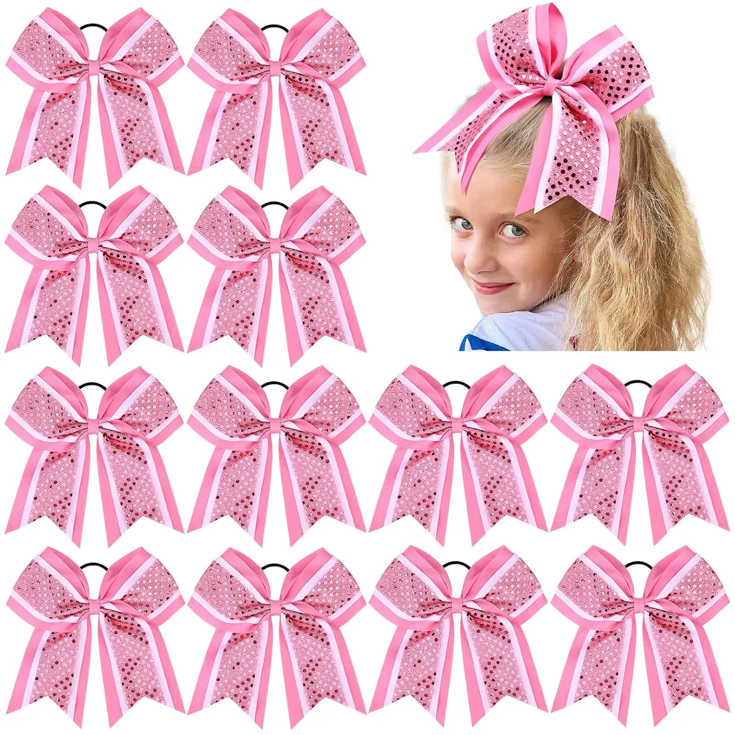 

8" Large Glitter Cheer Bows Pink Girl Hair Bows Cheerleading Softball Team Bow Hair Accessories for football Competition Sports