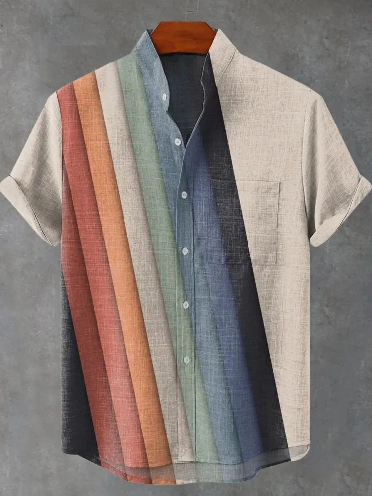 

Летняя праздничная офисная мужская рубашка большого размера, элегантная однобортная футболка с воротником-стойкой в радужную полоску с градиентом, повседневная футболка с коротким рукавом